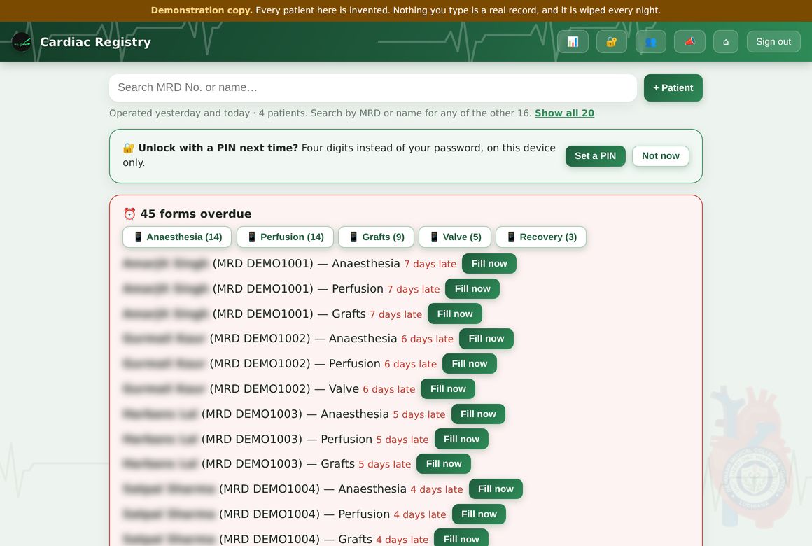 The patient list, with the day's operating list above it and the overdue forms below.
