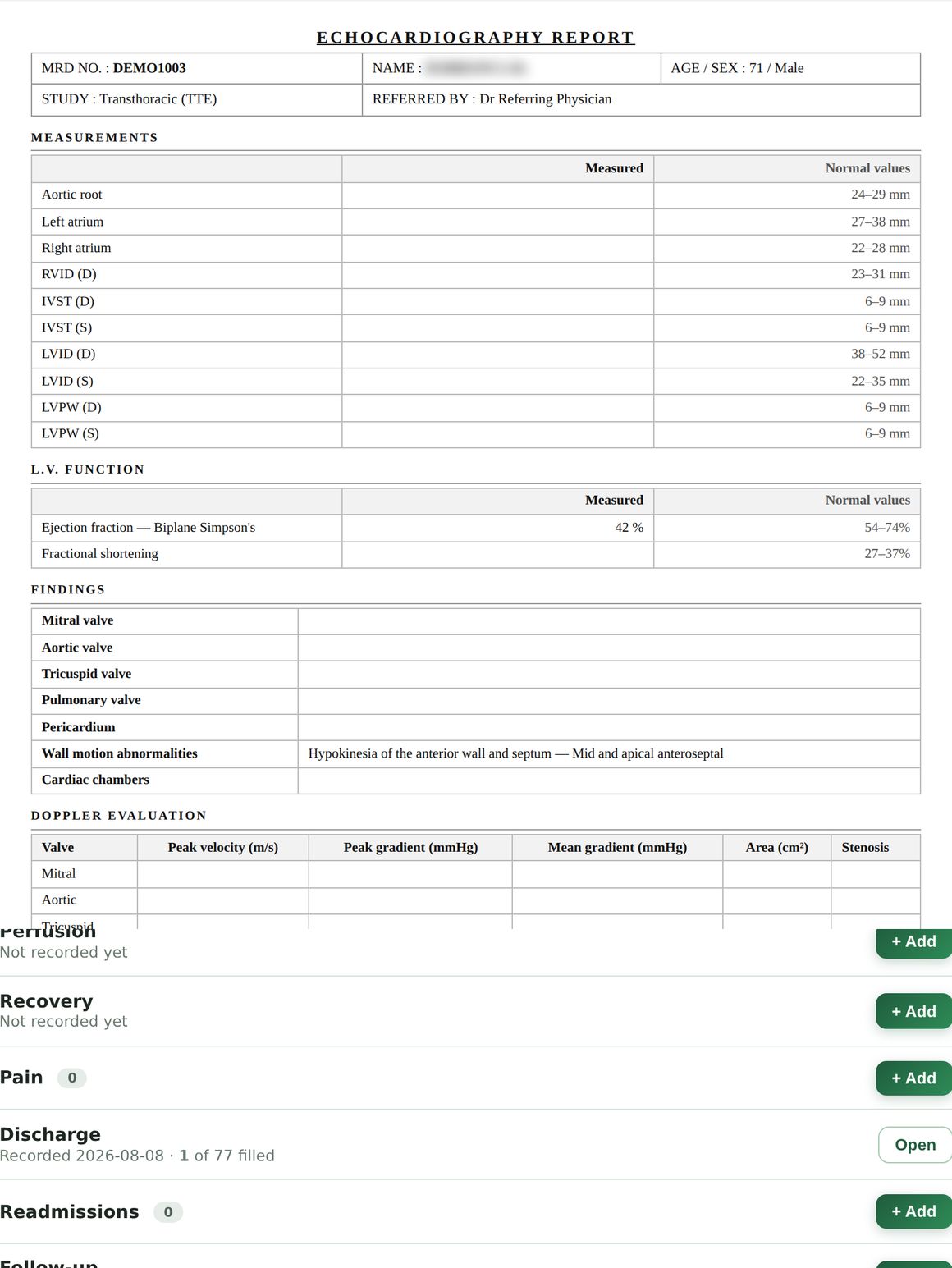 A printed echocardiography report on the unit's letterhead, with measurements against normal ranges.